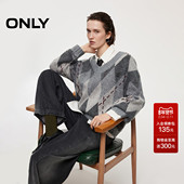 ONLY2026春季 女 针织衫 新款 大V领宽松落肩慵懒学院风菱格纹长袖