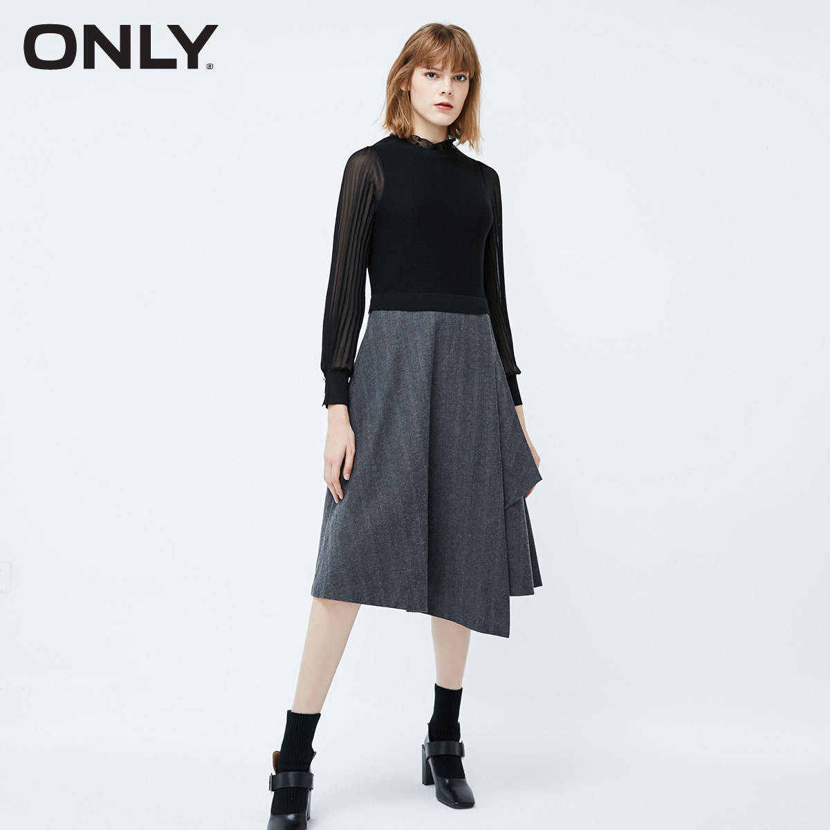 ONLY奥莱冬季新款气质针织裙子雪纺拼接连衣裙女|119446517