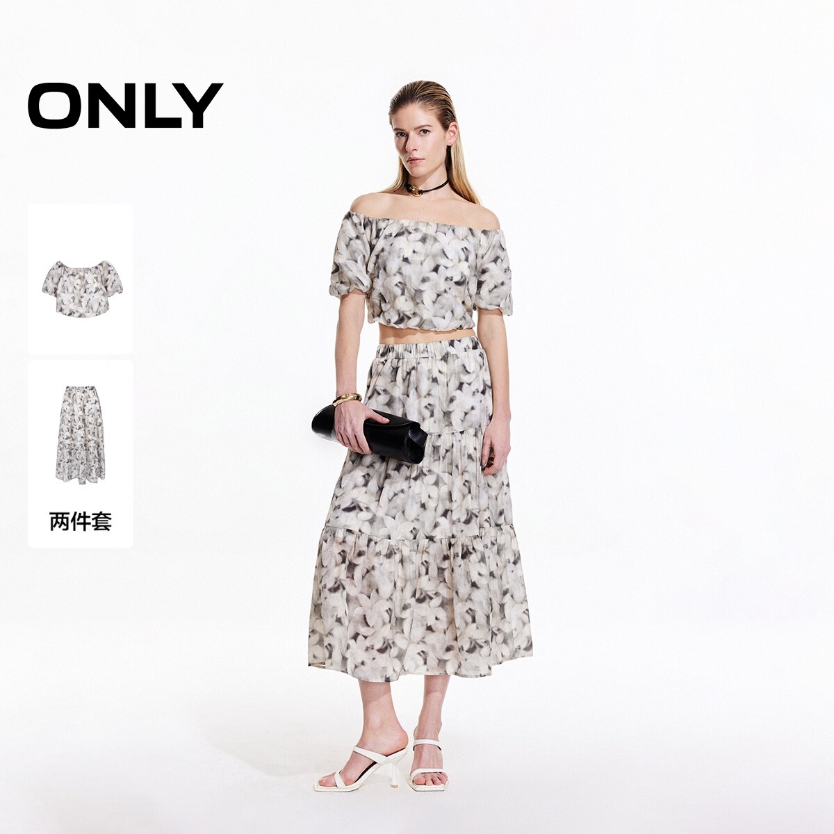【ONLY奥莱】秋季新款淑女花卉印花松紧泡泡袖套装中长款连衣裙女