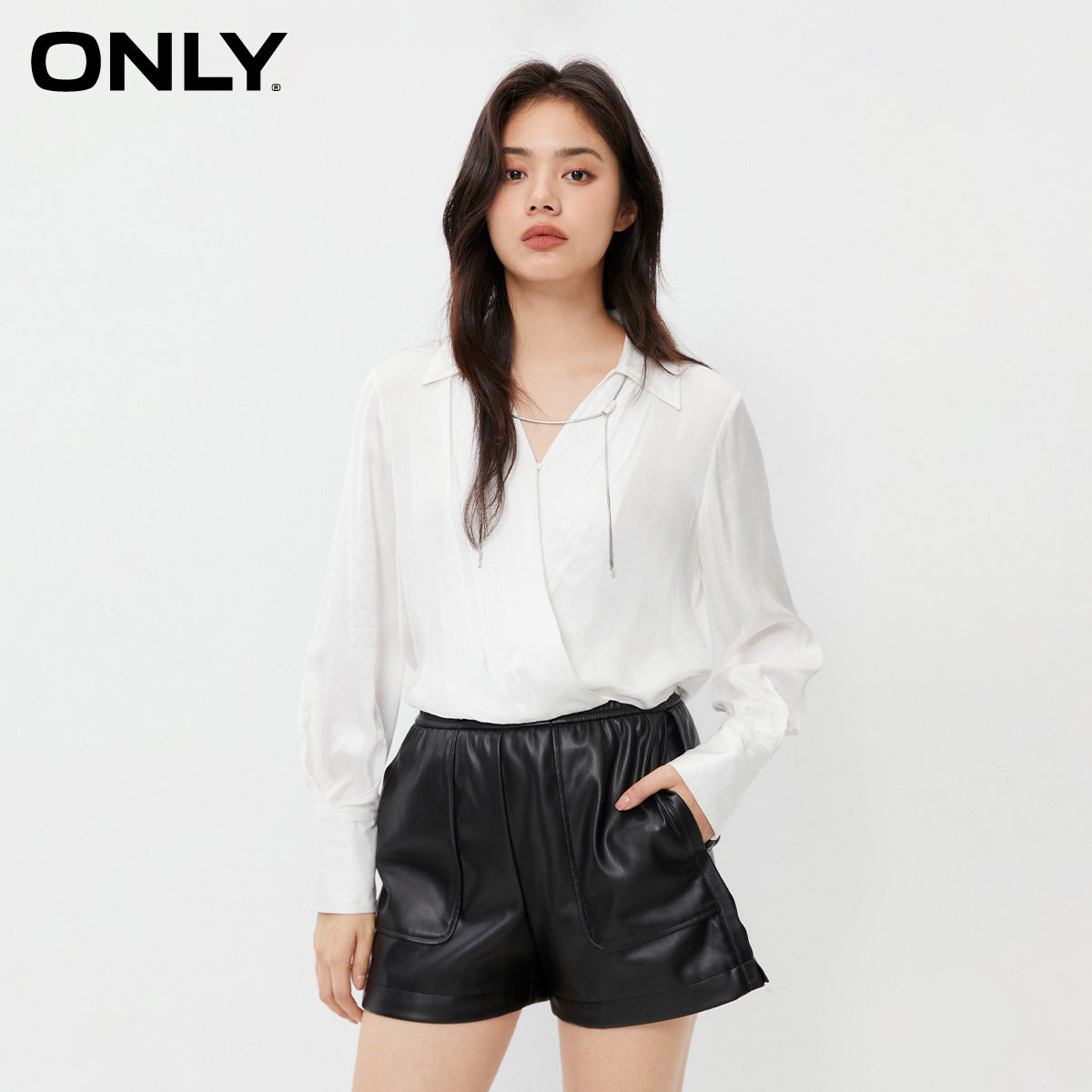 ONLYV领长袖纯色雪纺衫