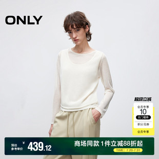 女 ONLY2025秋季 新款 透感面料正肩显瘦拼接假两件长袖 圆领针织衫