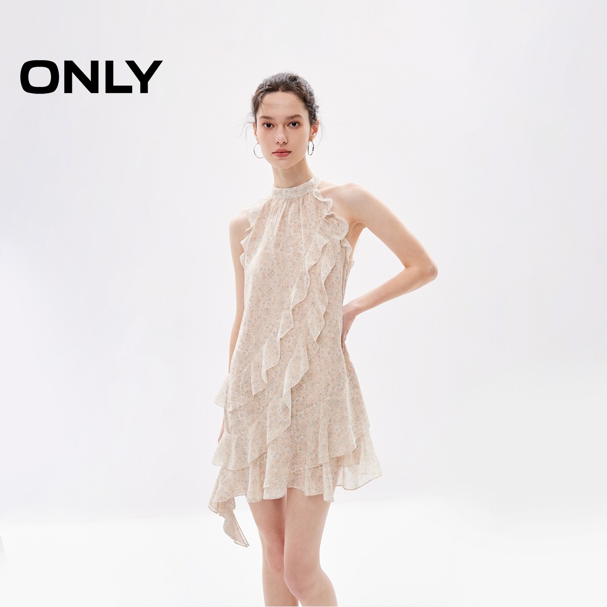 【ONLY奥莱】秋冬时尚仙女气质荷叶边挂脖短裙连衣裙女