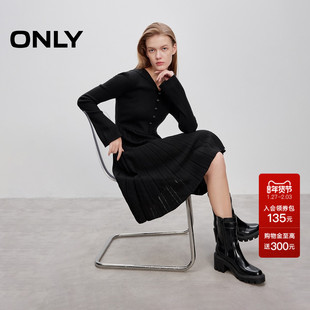 ONLY2025秋冬新款通勤约会气质纯色长袖针织百褶裙中长裙连衣裙女