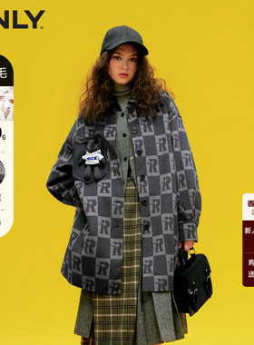 【ONLY奥莱】春季新款双面呢灯笼袖宽松格纹毛呢外套女
