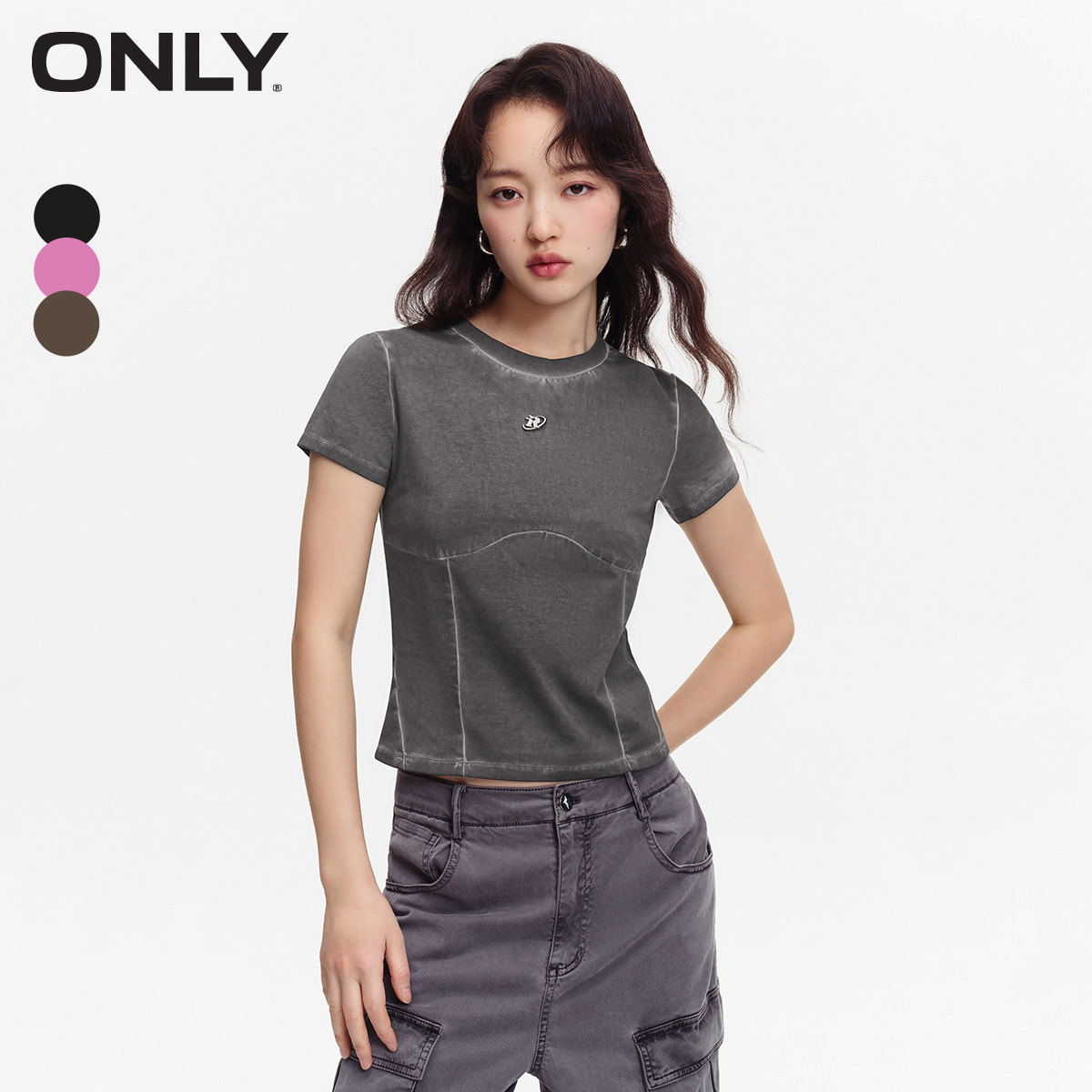 【ONLY奥莱】夏季新款时尚纯色水洗圆领合身短款短袖T恤女