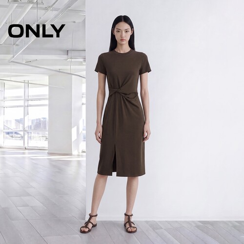 ONLY圆领纯色短袖裙子开叉连衣裙