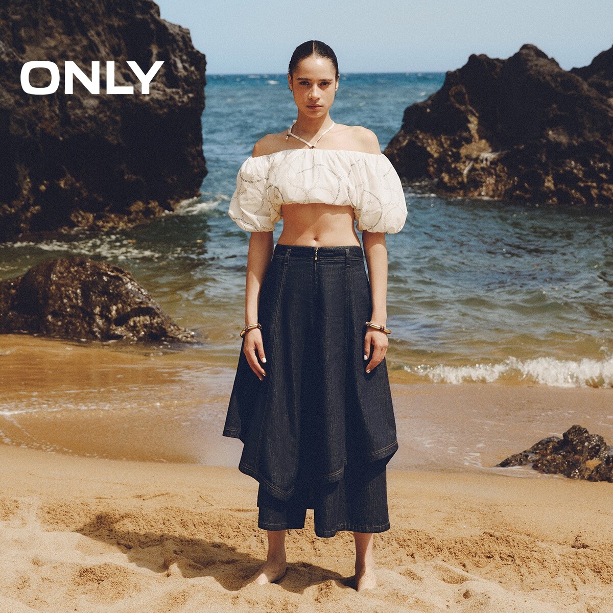 ONLY高腰中长款量感双层牛仔裙裤