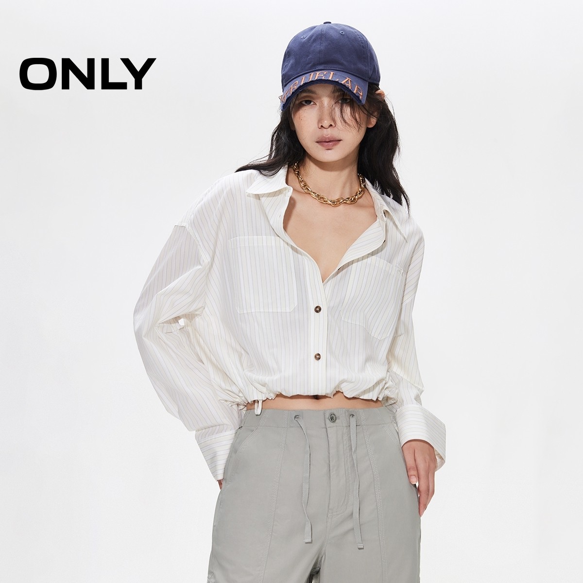ONLY2025秋冬新款轻薄条纹抽绳下摆实用口袋落肩长袖宽松衬衫女,女装/女士精品,衬衫,淘宝优惠券,粉丝福利购,淘宝优惠卷