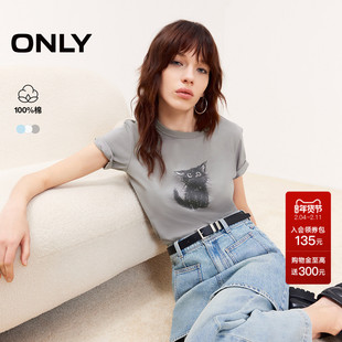 ONLY奥莱2025夏季新款休闲小猫印花纯棉圆领短袖正肩T恤女