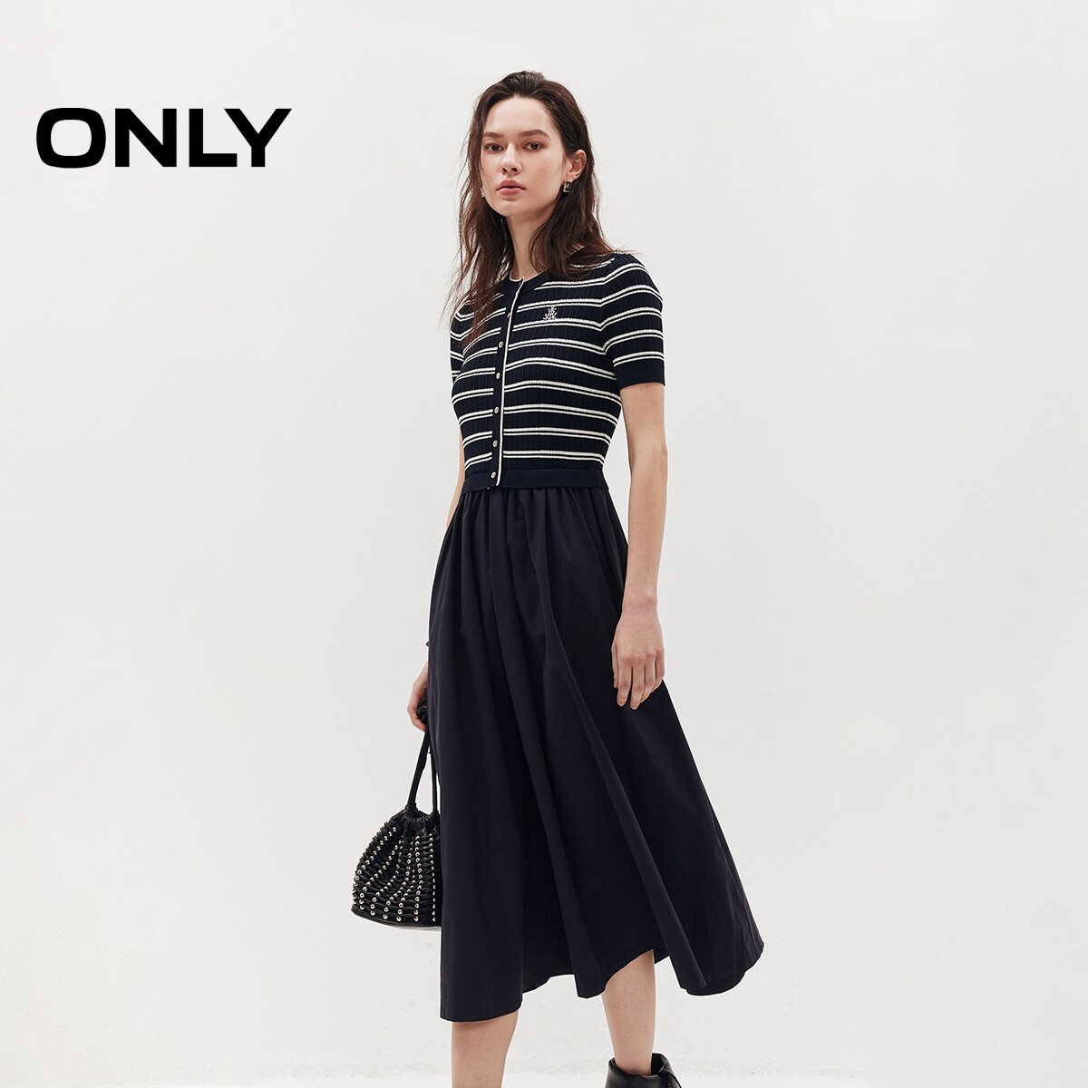 ONLY收腰裙子针织拼接A字连衣裙