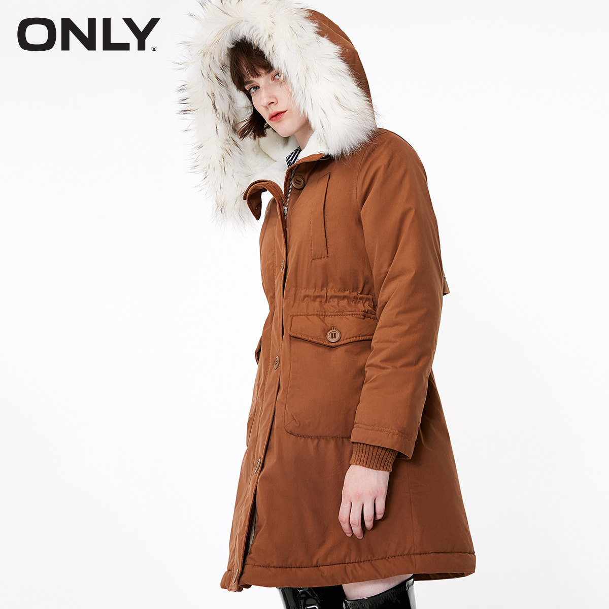 ONLY秋季新款抽绳连帽长款棉衣外套女|119122503