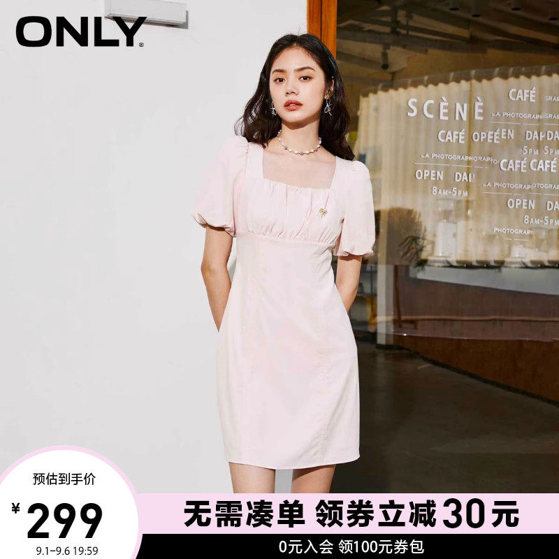 ONLY奥莱2023春夏新款时尚泡泡袖方领收腰纯色短款连衣裙女