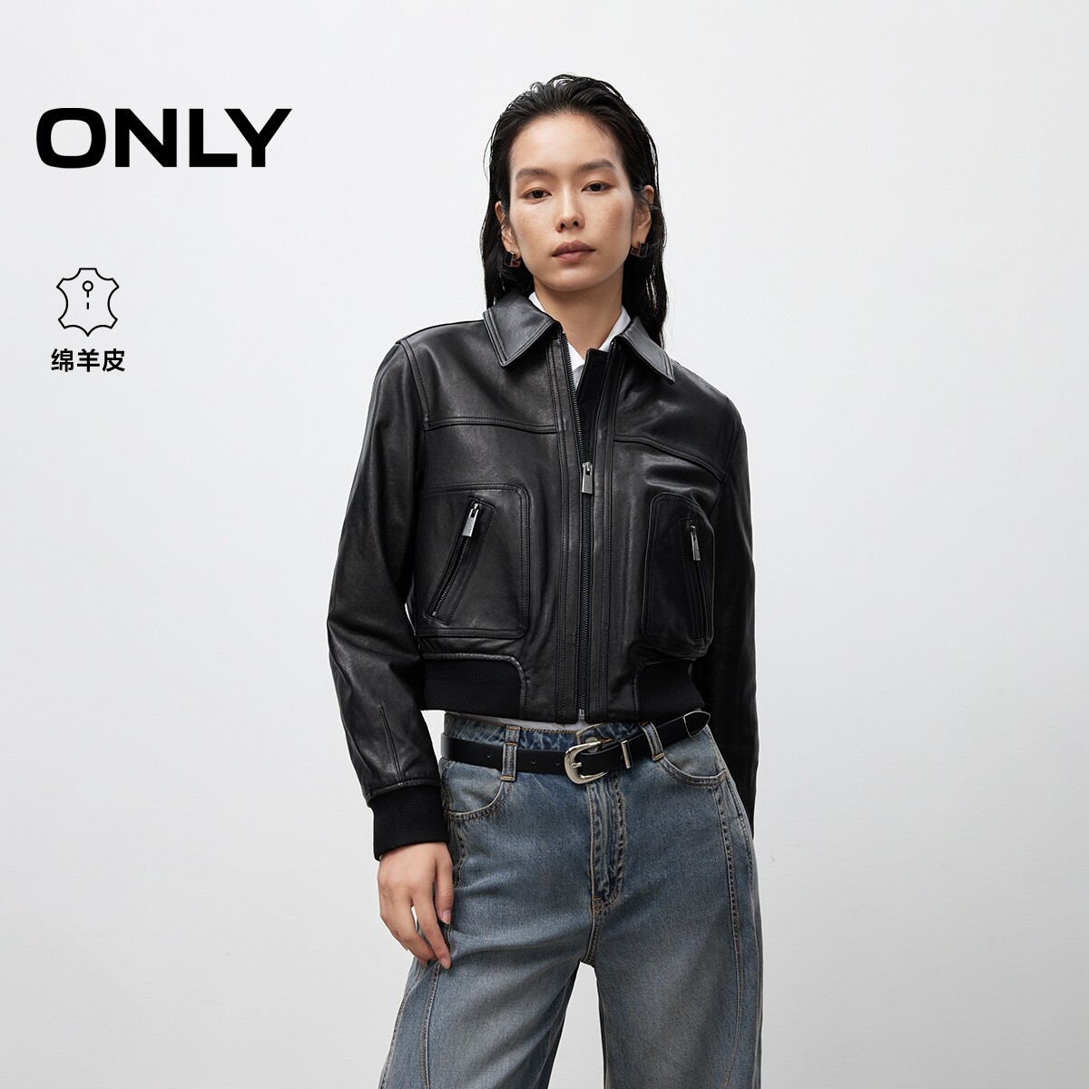 【ONLY奥莱】春季两侧斜插口袋直筒正肩纯色小个子短款皮衣外套女
