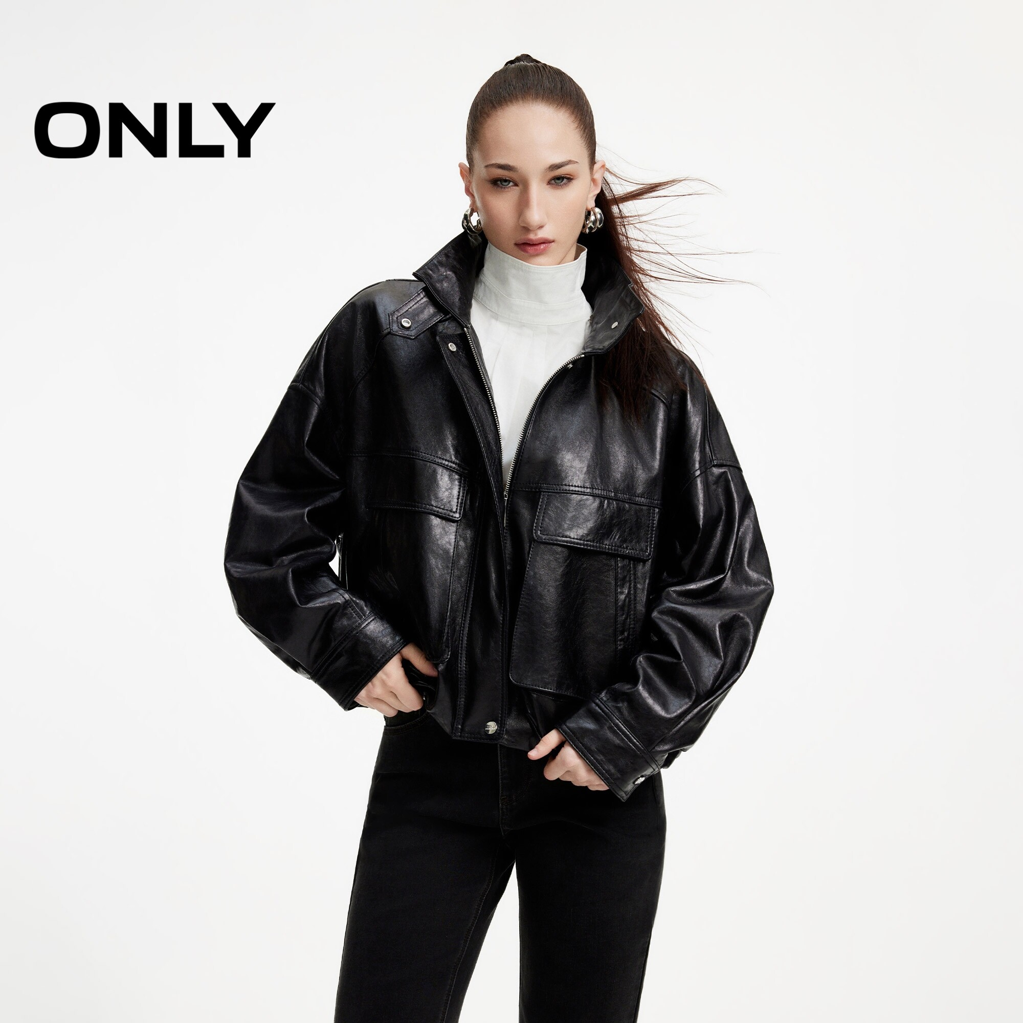 ONLY质感立体剪裁挺阔立领皮衣女