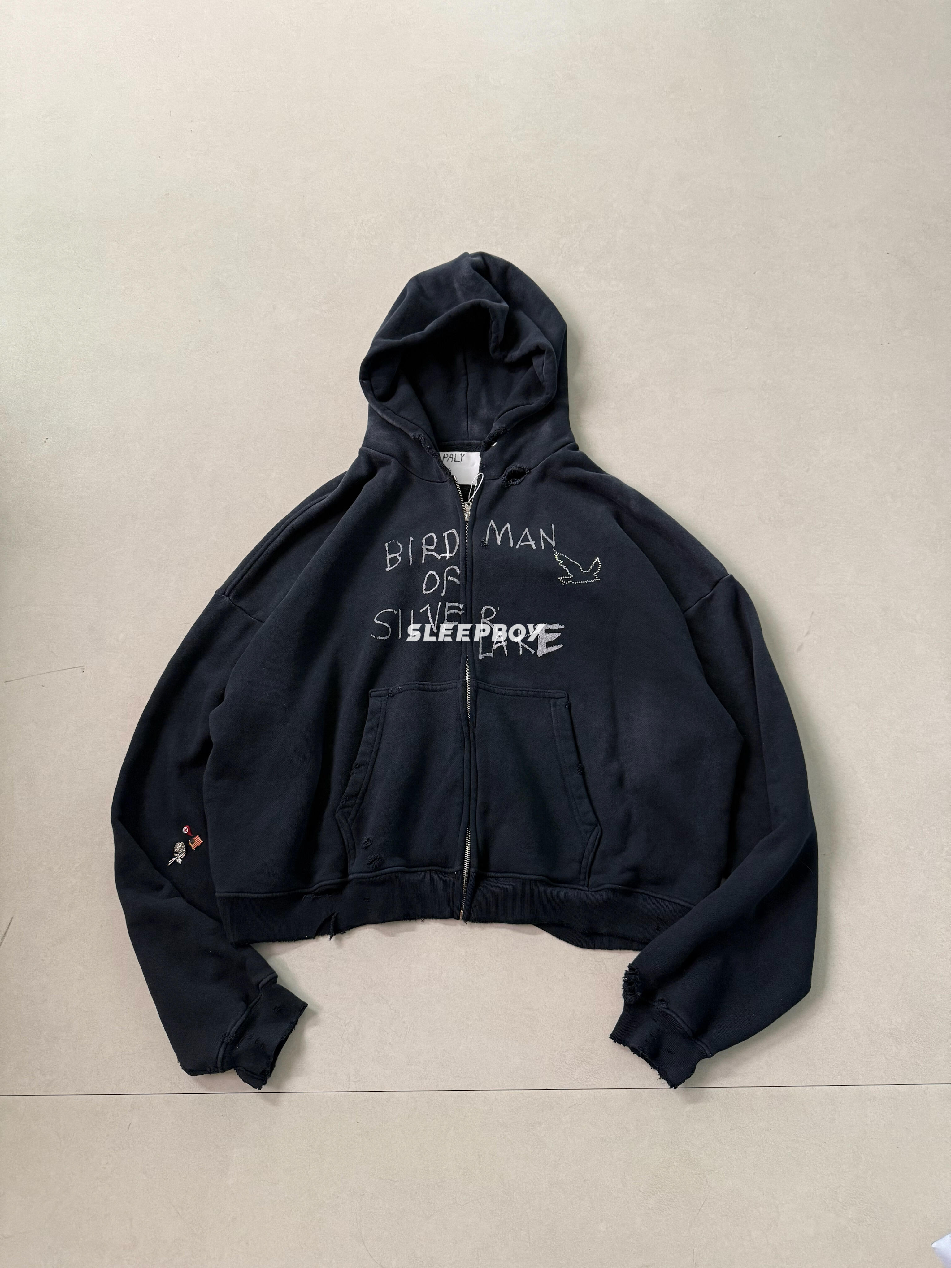 Paly Hollywood小众涂鸦勋章水洗做旧烫钻拉链连帽衫卫衣美式外套