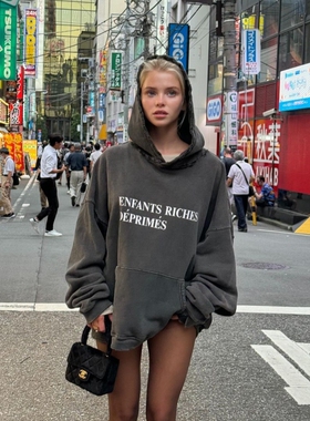 ERD忧郁富二代字母标语水洗做旧连帽衫VIBE高街宽松美式休闲卫衣