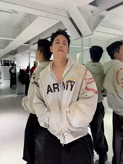 Grailz Project Gr Heavy-Duty Fake Two-Piece Patchwork Distressed Dirty-Dyed Hoodie Sweatshirt Cardigan Jacket