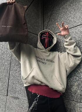 ERD忧郁的富二代字母印花做旧磨破连帽衫美式休闲宽松重磅卫衣