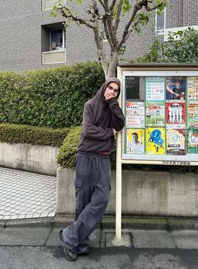 Hide in Hills刀割裤脚水洗做旧美式工装微喇叭卫裤运动休闲长裤