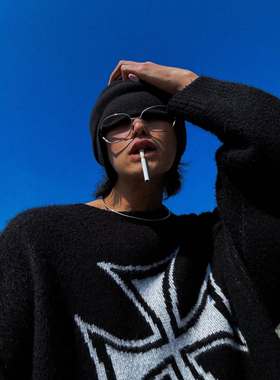 Grailz project GR美式潮牌提花十字梵文字母毛衣宽松休闲针织衫