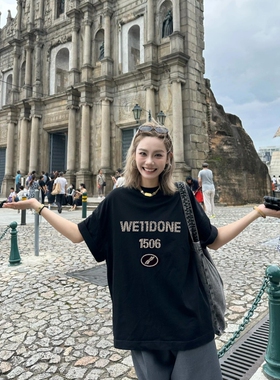 WE11DONE WHITE烫钻珍珠字母短袖美式休闲宽松男女潮牌纯棉T恤Tee