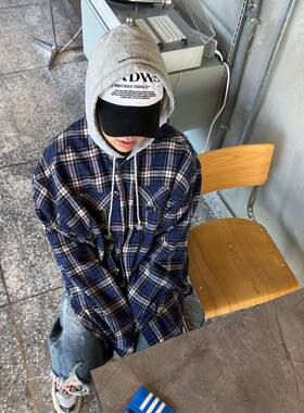 Grailz Project G/R美式秋冬双面穿格子连帽衬衫高街宽松休闲外套