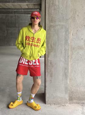 Praying荧光黄救生员趣味印花亚文化拉链连帽衫卫衣美式休闲外套