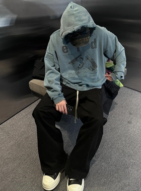 ERD忧郁的富二代重磅破坏水洗做旧连帽衫高街VIBE风美式休闲卫衣