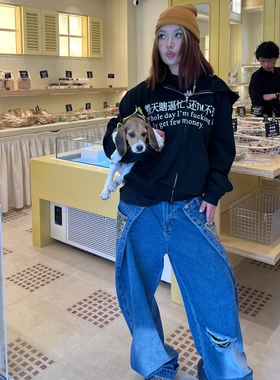 PRAYING做旧趣味印花整天瞎忙还不挣钱拉链卫衣帽衫美式休闲外套