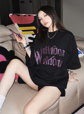 WE11DONE WHITE珍珠烫钻字母印花短袖美式夏季休闲宽松潮牌T恤TEE