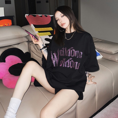 WE11DONE珍珠烫钻字母美式短袖