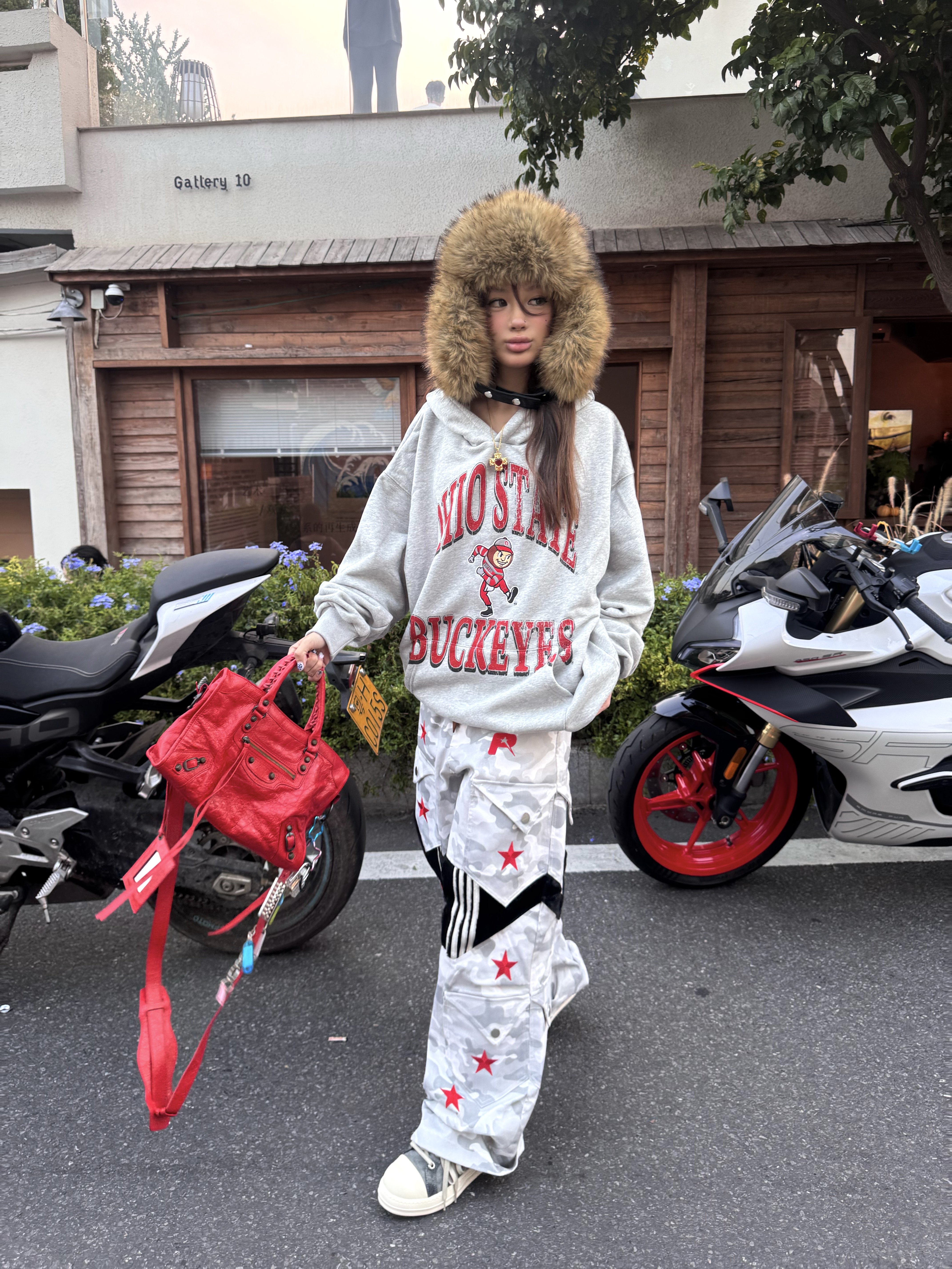 OhioState Buckeyes小众刺绣字母美式复古休闲连帽衫男女加绒卫衣