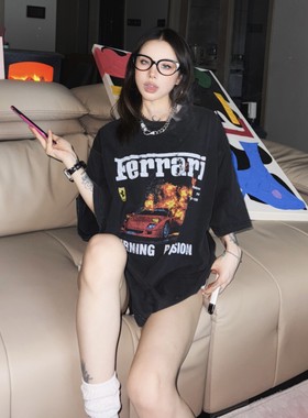 BrokenMoon燃烧跑车水洗做旧T恤