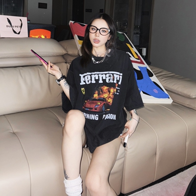 BrokenMoon燃烧跑车水洗做旧T恤