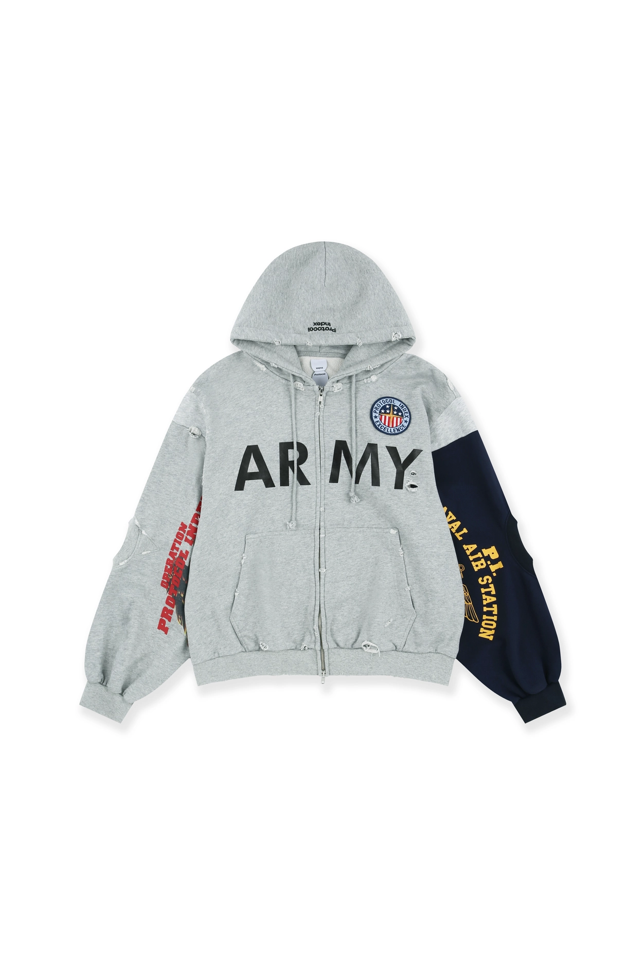 thumbnail for Protocol Index Patchwork Distressed Embroidery Zipper Hoodie American Casual Unisex Trendy Brand Jacket