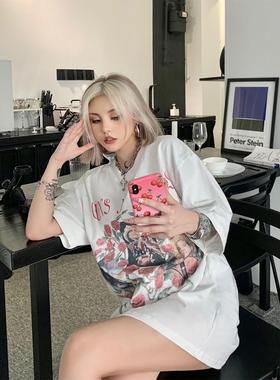 Gunsn Rose枪花乐队短袖水洗复古做旧玫瑰印花vtg高街宽松休闲T恤