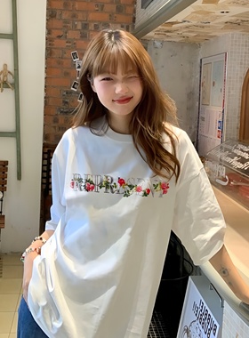 Represent花卉字母印花夏季美式休闲纯棉短袖高街男女落肩流行T恤