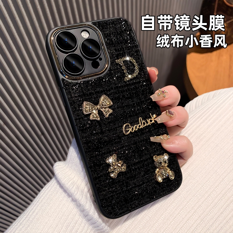 绒布小香风适用苹果15promax手机壳秋冬新款iPhone14小众高级感13自带镜头膜12全包防摔15女款11带手绳潮软套