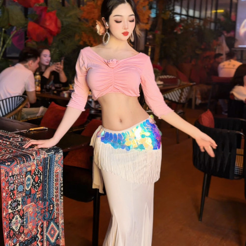 悦梦风璐肚皮舞服装新款性感亮色流苏上衣半身裙女演出服鱼尾套装