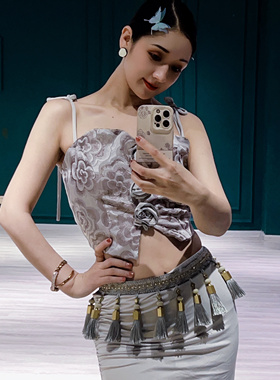 悦梦风璐肚皮舞服装配饰腰链2024新款流苏长裙套装东方舞灰色刺绣