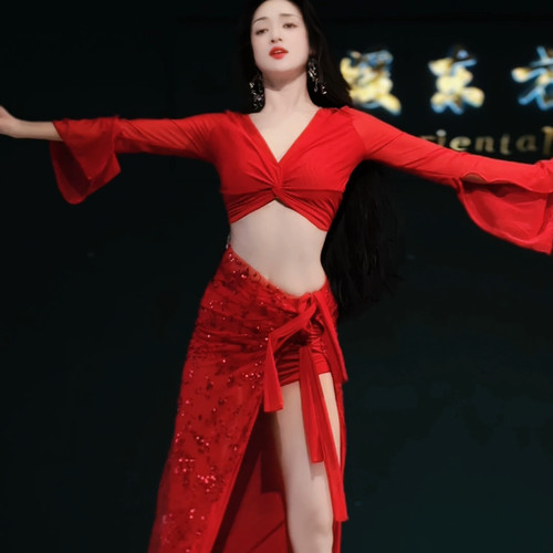 悦梦风璐肚皮舞新款套装演出服班服气质练功服显瘦初学大红臀巾