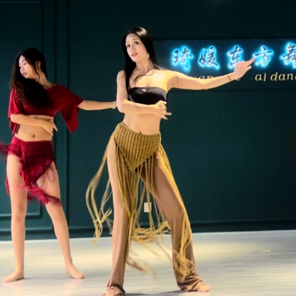 肚皮舞鼓舞练习服初学者性感裤子套装练功服仙女款流苏大码喇叭裤