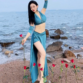 悦梦风璐肚皮舞新款 演出服班服性感气质练功服显瘦蓝色长裙 套装