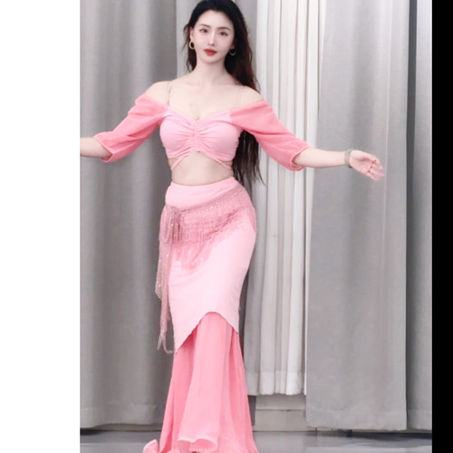 悦梦风璐肚皮舞新款套装演出服班服气质练功服显瘦初学仙女包臀裙