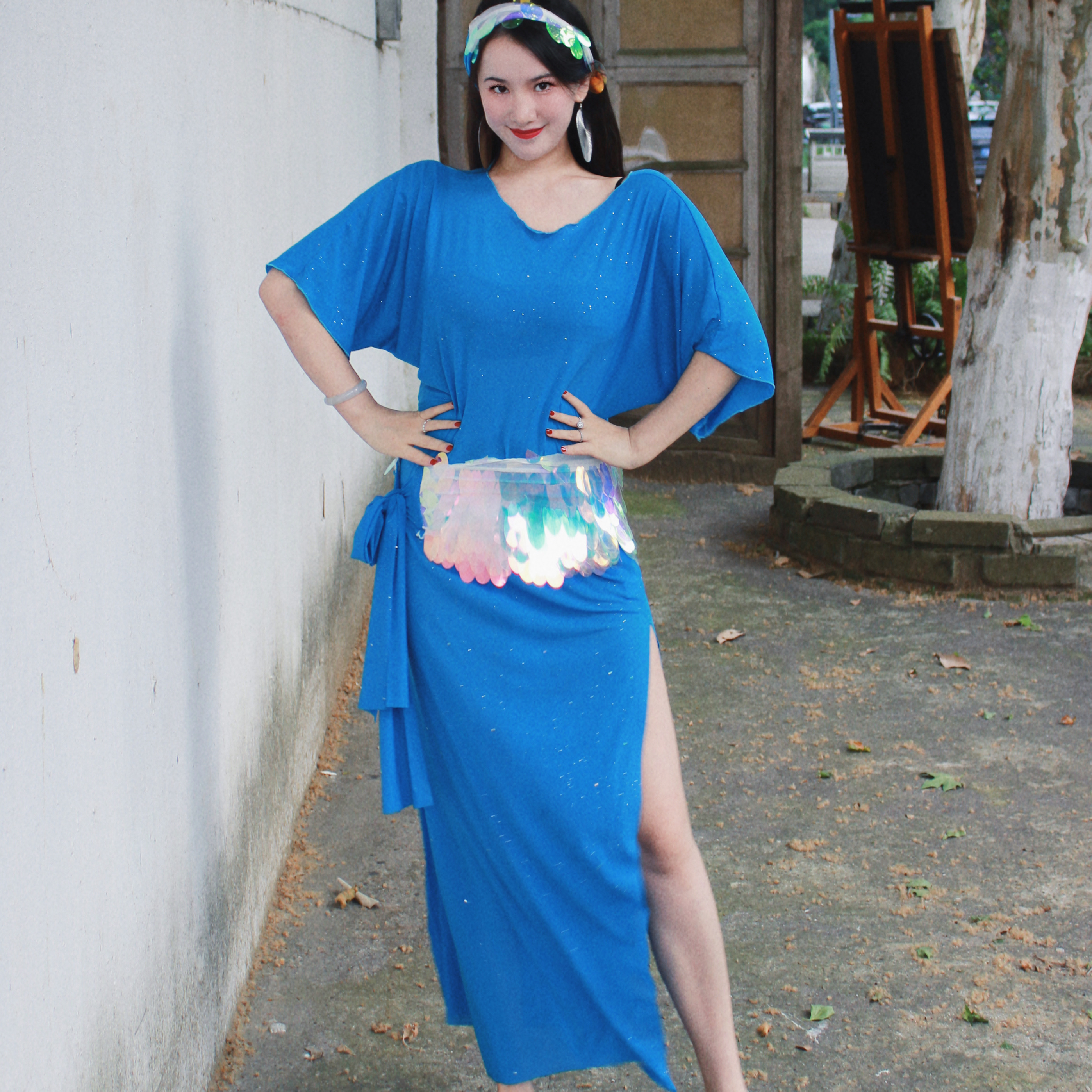 悦梦风璐肚皮舞袍子民俗套装演出服班服练功服蓝色亮片显瘦初学