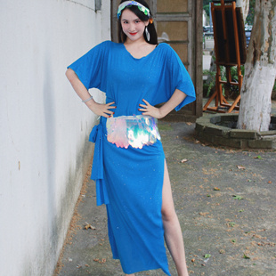 悦梦风璐肚皮舞袍子民俗套装演出服班服练功服蓝色亮片显瘦初学