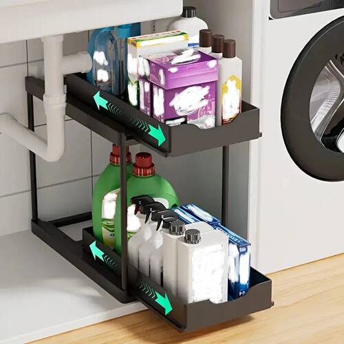 Double-Layer Pull-Out Kitchen Storage Rack, Non-Slip and Sta