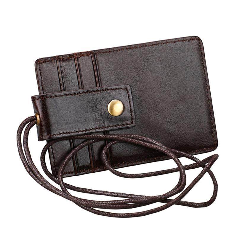 Genuine Leather Id Card Badge Holder with Lanyard RFID