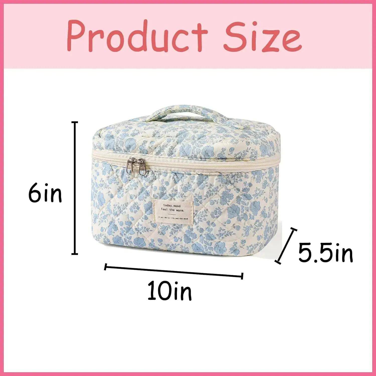 Large Travel Quilted Makeup Bag for Women Floral Cotton Cosm