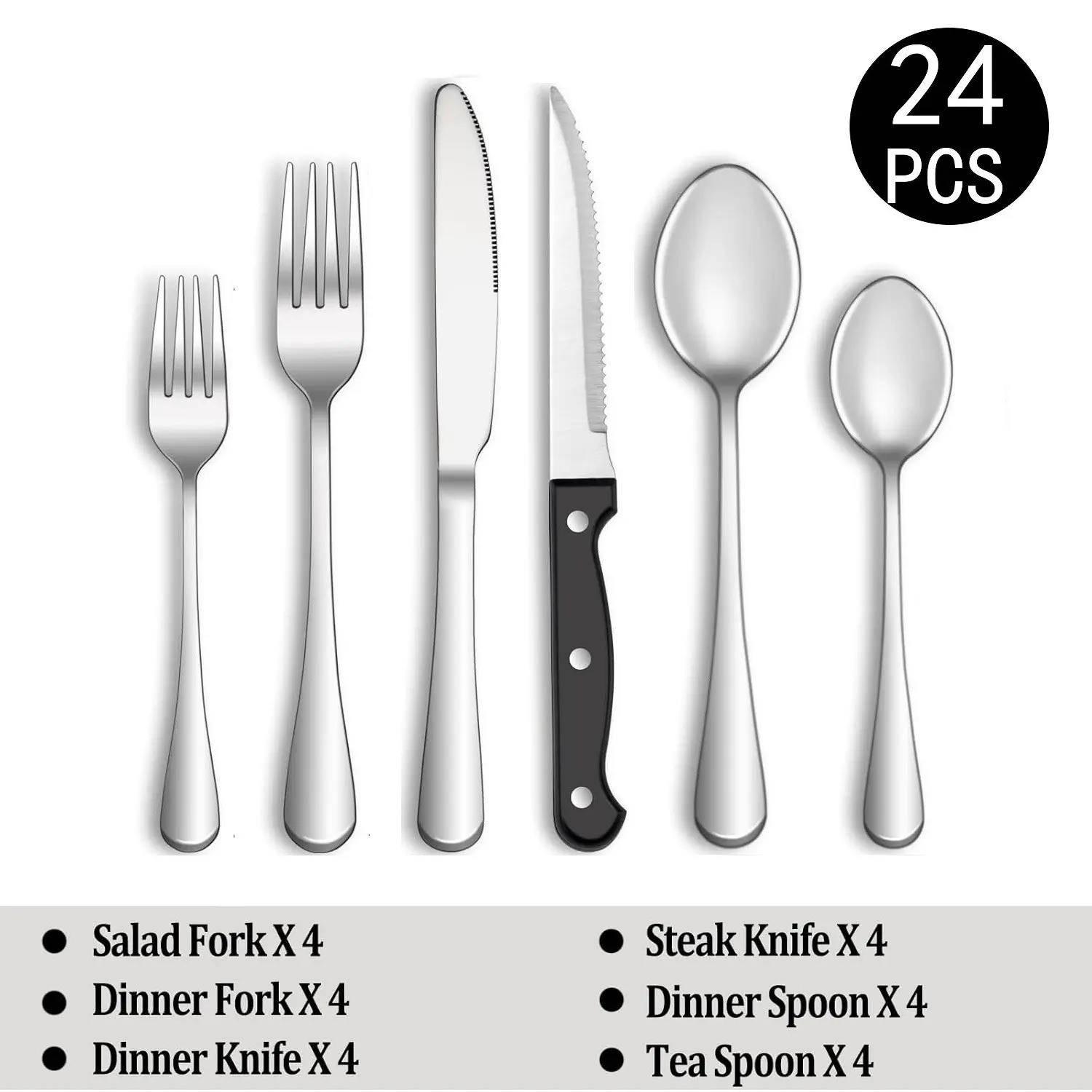 stainless steel knife, fork, spoon black steak knife, fork